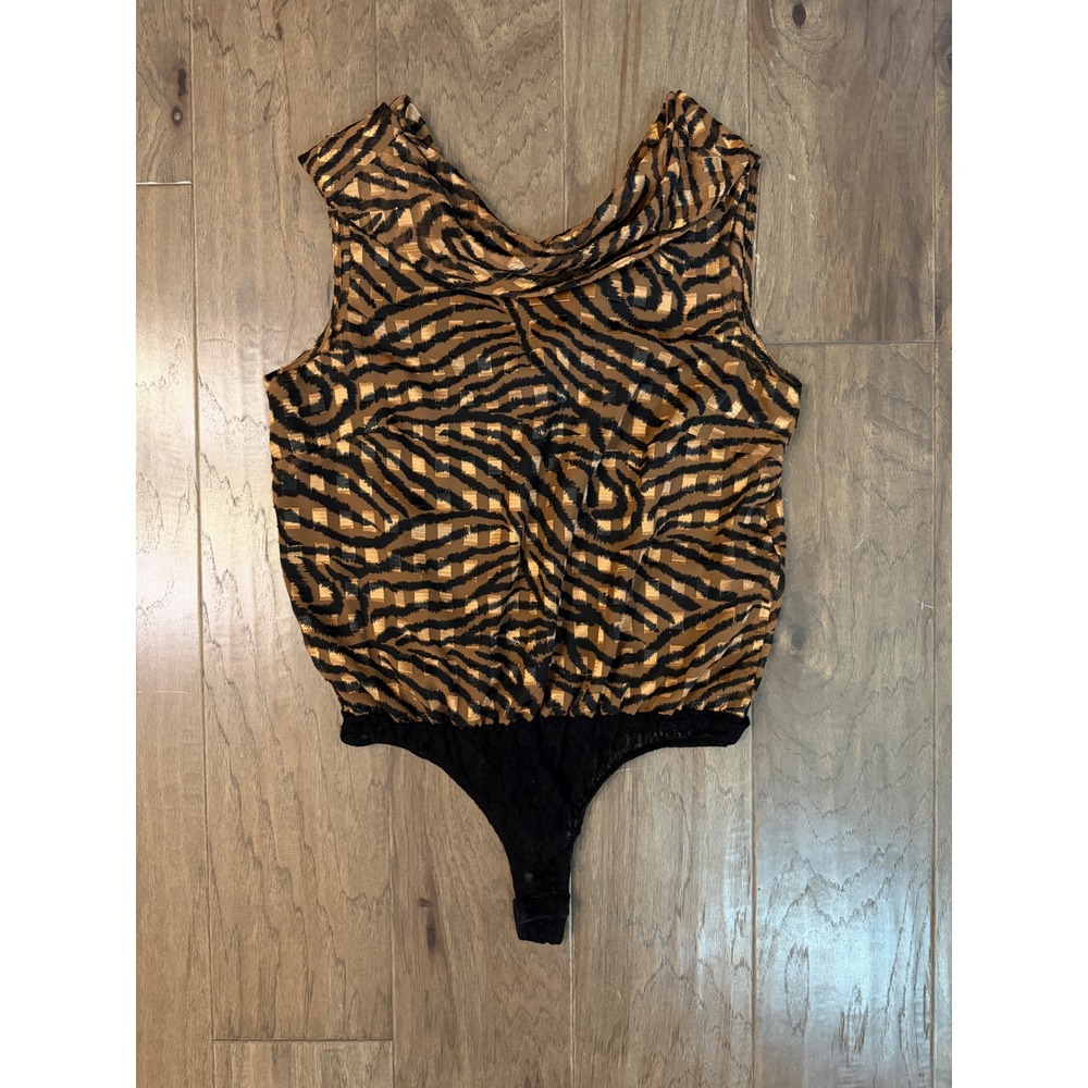 Vintage Cache Womens Metallic Gold Zebra Print Cowl Neck Bodysuit Large USA Made